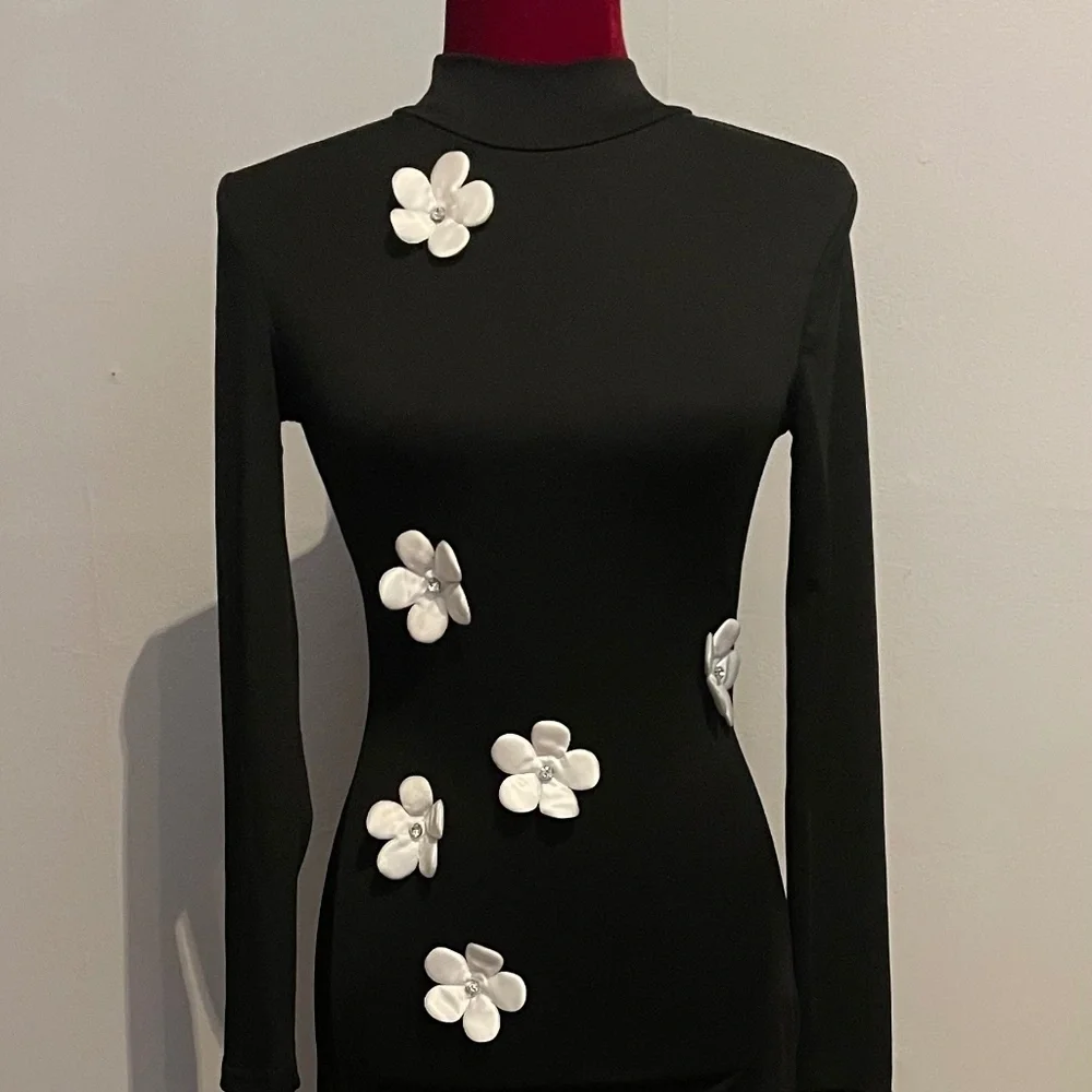 SHEIN White Floral Decor Black Stand Collar Long Sleeve Maxi Dress Size XXS - Picture 2 of 16